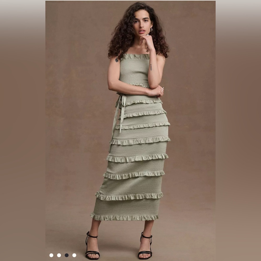 V. Chapman Lily Ruched & Ruffled Stretch Satin Midi Dress - Sage